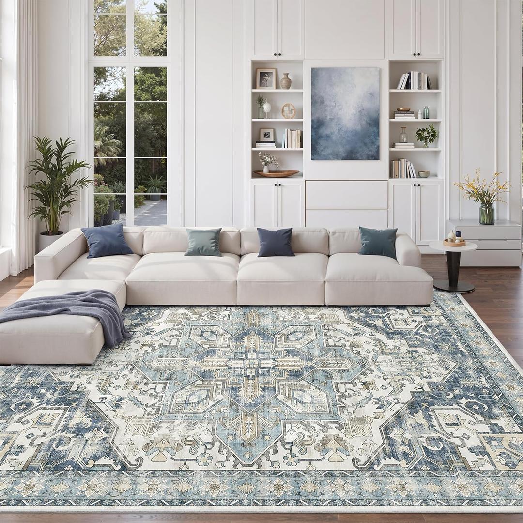zesthome 8x10 Area Rugs-Washable Rug for Living Room, Non-Slip Backing Rugs, Stain Resistant 8x10 Rug for Bedroom, Ultra-Thin Low Pile Rugs, Vintage Large Home Decor (Blue/Ivory)