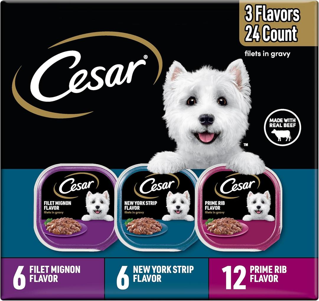 Cesar Filets in Gravy Adult Wet Dog Food Variety Pack, Filet Mignon, New York Strip and Prime Rib Flavors, 3.5 oz. Easy Peel Trays, Variety Pack, 24 Count