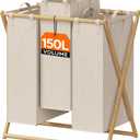 Lifewit 150L Large Laundry Hamper 3 Section, Collapsible Bamboo X-Frame Laundry Basket Sorter, Clothes Hamper with 3 Removable Bags for Laundry Room Bedroom Bathroom, Beige