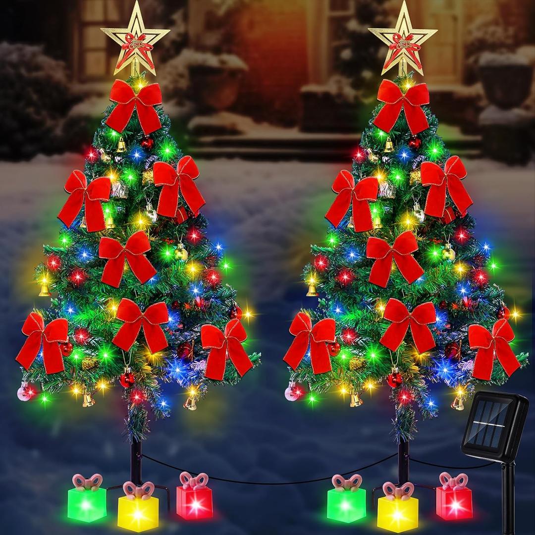 Retisee 2 Set 43 Inch Solar Christmas Tree Lights Outdoor Waterproof Decorations with Velvet Bow Xmas Tree Solar Landscape Path Lights 8 Modes Solar Powered Christmas Decor for Outside Yard Cemetery