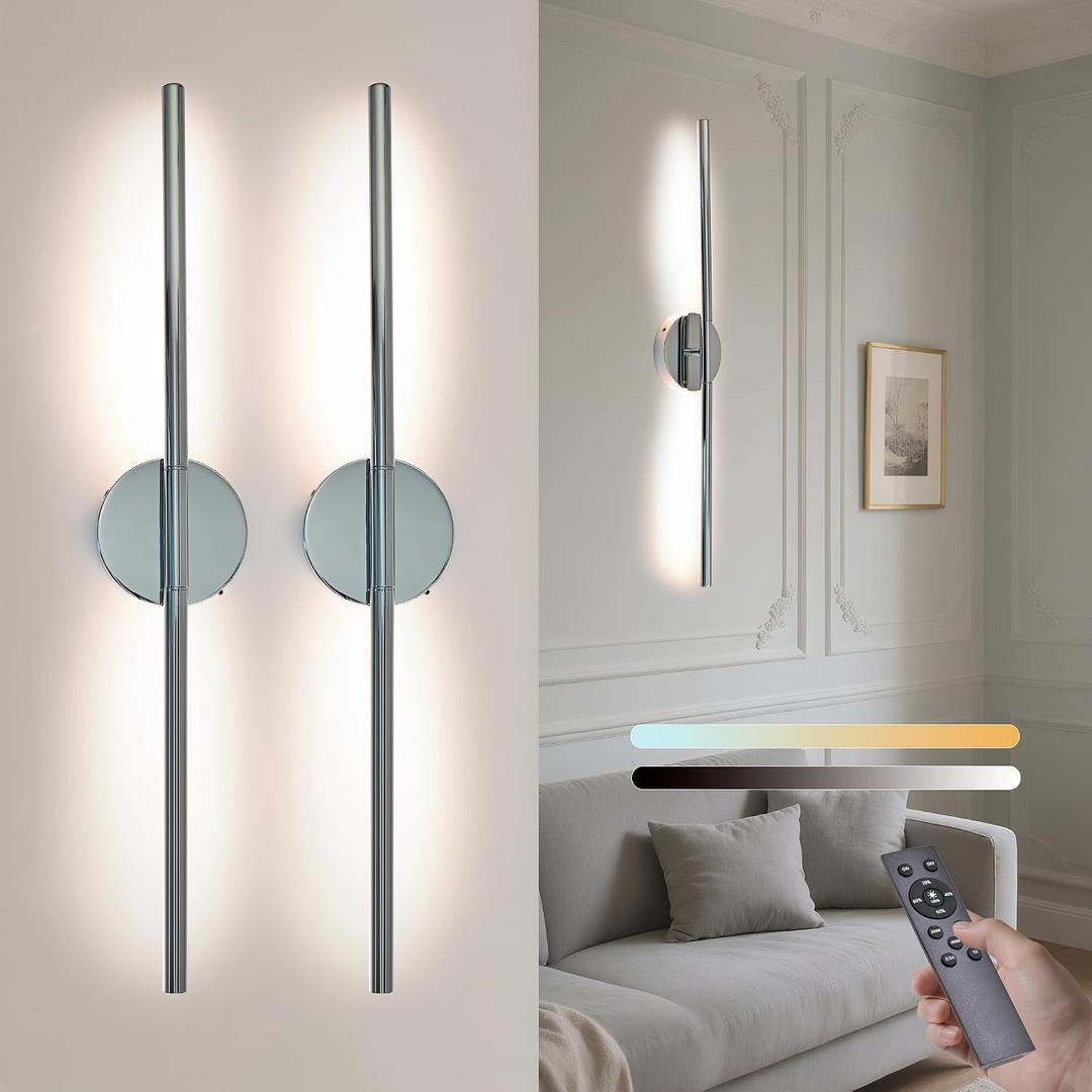 Wireless Wall Sconces Set of 2 28Inch Battery Operated Wall Lights with Remote Control360Rotate Dimmable led Wall Lamp for Living Room and Hallway (Chrome)