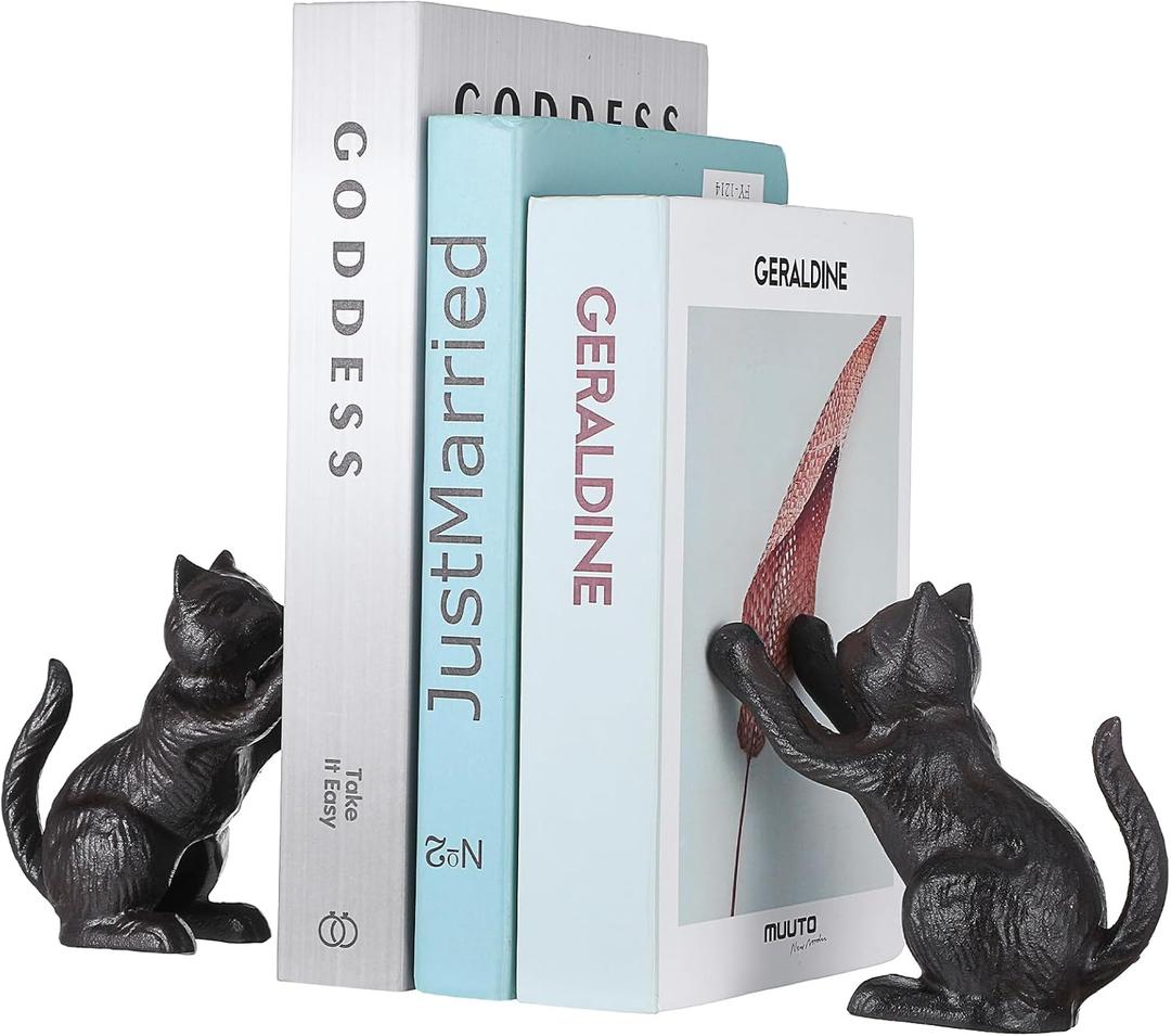 Cat Decorative Bookends, Cute Book Ends to Hold Books, Bookends for Shelves, Unique Cast Iron Book Stopper for Heavy Books, Cat Office Decor, 1 Pair/2 PCS