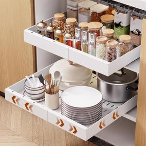 OneDream 2 Pack Pull Out Cabinet Organizer, 21" Deep Slide Out Drawers for Kitchen Cabinets, No Drill Adhesive Pull Out Drawers for Cabinets, Roll Out Shelves Adjustable Width 12.05"-20.4" (White)