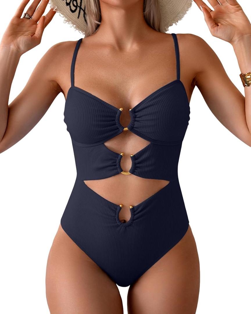 Eomenie Womens Cutout One Piece Swimsuit with Ring Linked Sexy Monokini Bathing Suit for Beach Vacation, S