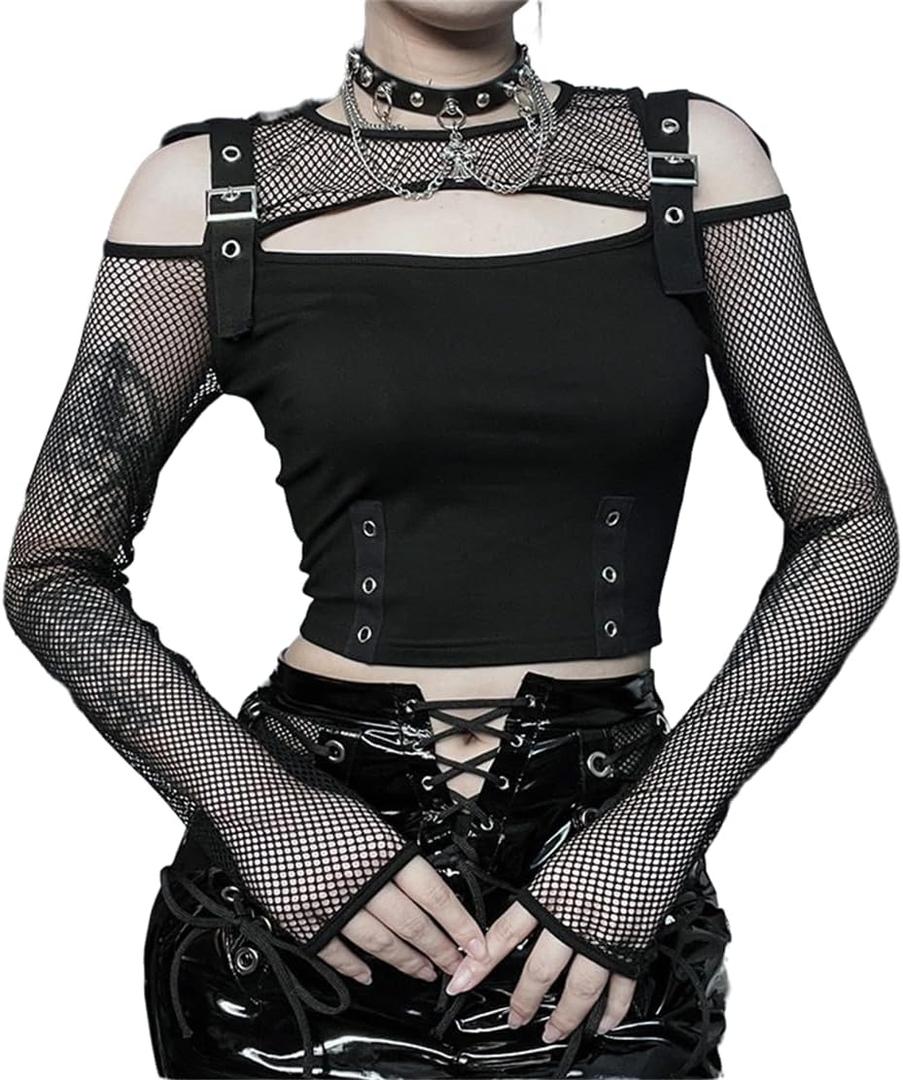 Women's Gothic T-Shirt Goth Crop Top Y2k Streetwear Long Sleeve Tops Rave Shirts (Large, Black 1)