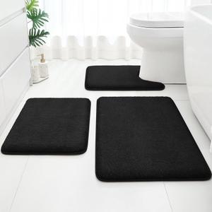 HOMEIDEAS Upgraded Bathroom Rugs Set 3 Piece, Extra Thick Absorbent Soft Memory Foam, Washable Toilet Bath Mat (Black) (17"x24"+20"x32"+U Shape 20"x24")