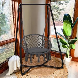 SUNCREAT Hammock Chair with Stand Included, Heavy Duty Hanging Chair with Stand, 330 lbs Capacity, Patent Pending, Grey