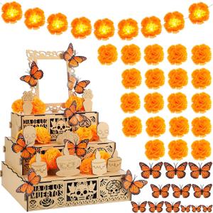 34 Pcs Dia De Los Muertos Decorations Day of the Dead Altar Kit Dia De Los Muertos Altar Ofrenda Shadow Box Wooden Included 6 Inch Marigold Garland with Light Flower Butterfly (Classic)