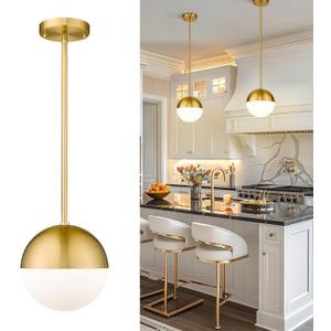 LMS Modern Pendant Lighting Gold Globe Pendant Light Fixture, Mid Century Chandelier One Light Hanging Fixture for Kitchen Island, Adjustable Indoor Lighting for Dinning Room Bedroom, LMS-187 (8" White Glass, 1 Pack)