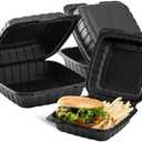 KARAT EARTH Clamshell Take Out Food Containers [8"x8" - 50 ct] To Go Containers | Microwavable, Freezer Safe, Soak-Resistant, Durable, Stackable | Vented for Hot/Cold Foods, Black