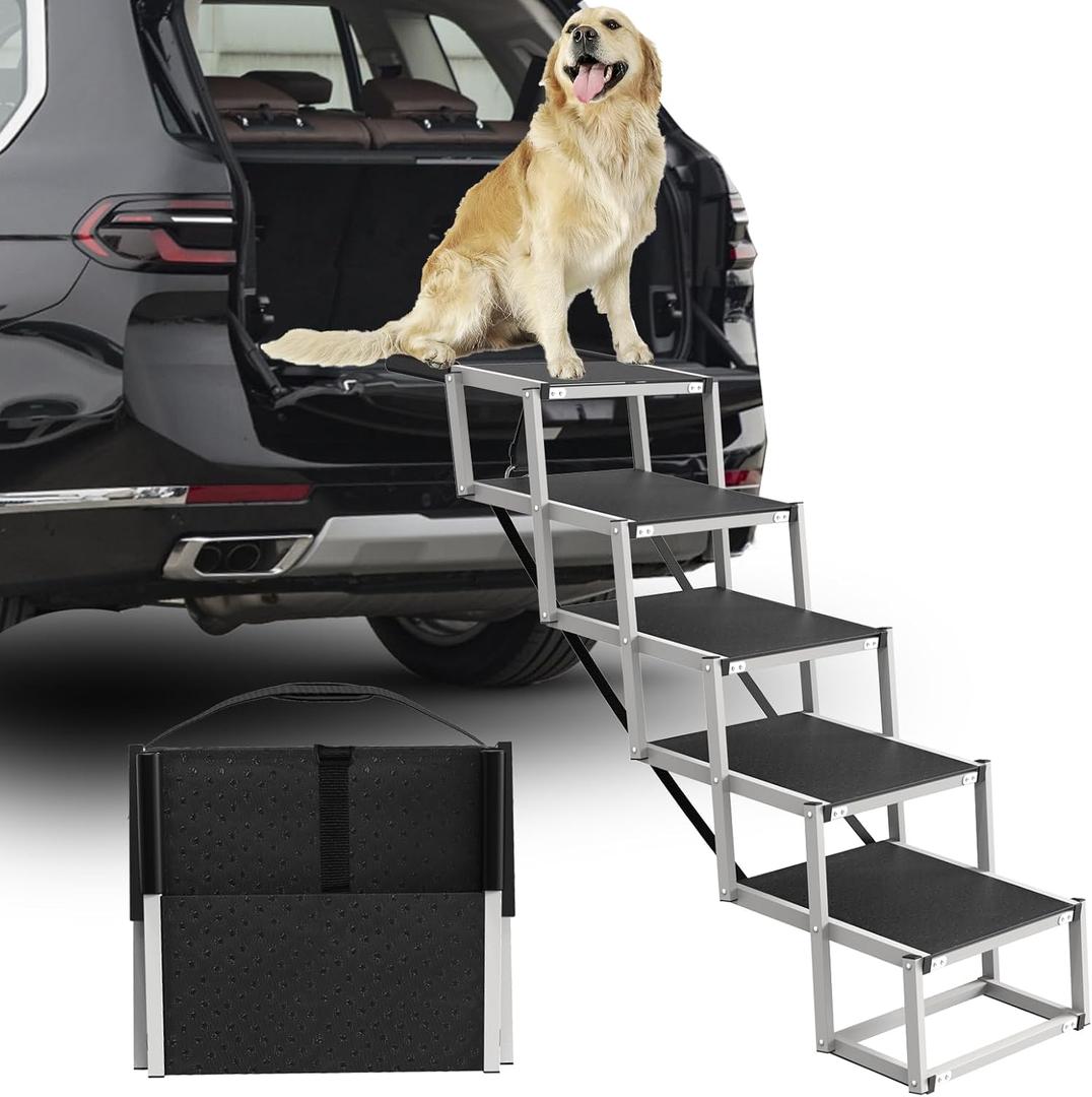 Deergym Dog Stairs for Large Dogs - 5 Step Wide 16in High 34in Foldable Dog Ramp for Car Non-Slip Surface Support up to 230lbs - Suitable for SUV,Truck, Sofas, Bed