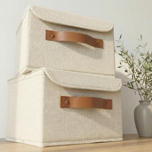 Decorative Linen Storage Boxes with Lids - Spacious Set of 2 Organizer Bins for Your Home Decor - The Perfect Small Container to Safely Store Photos, Documents and Memory Box Keepsakes in Style (Medium, Ivory)
