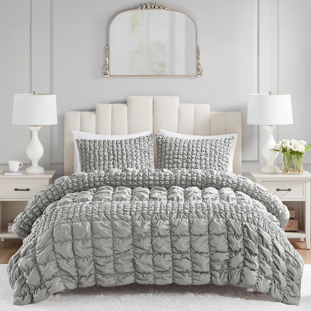 Madison Park King Comforter Set Ruched King Bedding Set, Elastic Embroidery Comforters Queen Size, All Season, Microfiber King Size Comforters, Matching Shams, Evelyn, King/Cal King, Grey 3 Piece