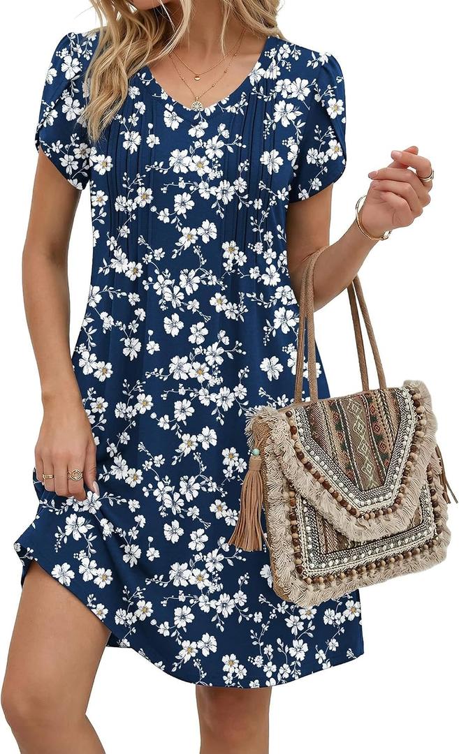 Zeagoo Womens Tshirt Dress Cotton Summer Dresses Floral Sundress for Women Loose Fit A Line Dress V Neck Dresses, Navy Floral 02