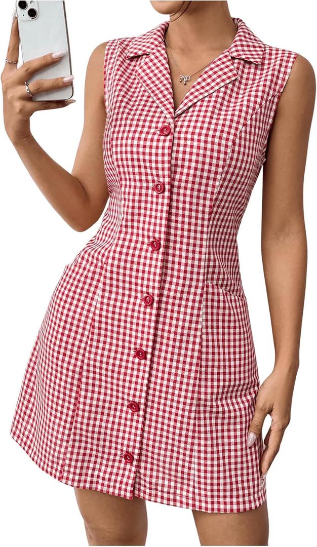MakeMeChic Women's Plaid Gingham Lapel Button Down Short Dresses Sleeveless A Line Shirt Dress with Pocket (Red and White) S