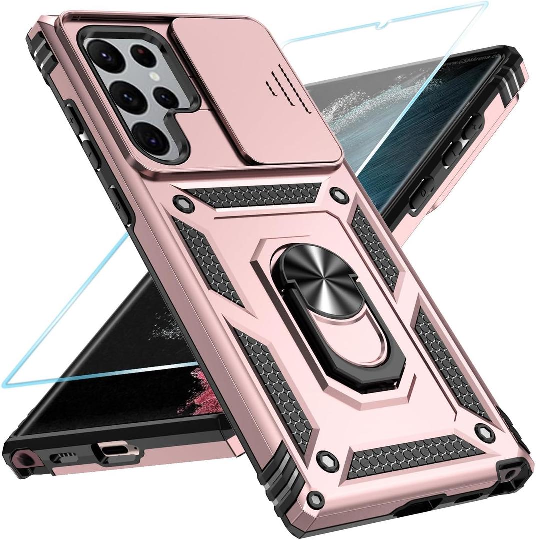 SunStory Phone Case for Samsung Galaxy S22 Ultra 5G Case with HD Screen Protector & Slide Camera Cover & Rotated Ring Kickstand, [Military-Grade] [2 IN 1] Phone Case for Galaxy S22 Ultra 6.8",RoseGold
