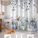 Thanksgiving Blue Pumpkins Fabric Shower Curtain, Autumn Watercolor Leaf Decorations Funny Shower Curtains for Bathroom Set with Hooks, Waterproof & Washable Bath Curtains Fall Decor 72x72 inch
