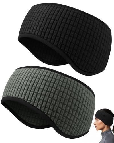 Skicuff 2 Pcs Fleece Ear Warmers for Women Men Soft Waffle Knit Ear Cover Headband for Running Cycling Ski Daily Wear(Black and Army Green)