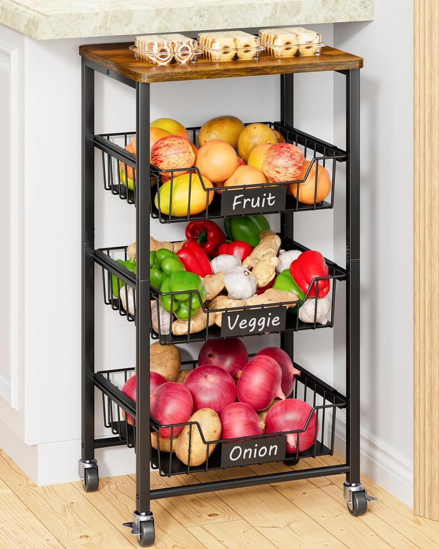 Giwil Vegetable Fruit Basket for Kitchen Pantry Organizers Storage, 4-Tier Utility Rolling Cart on Wheels with Wood Top and Drawer Wire Baskets for Onions Potatoes Snacks, Black