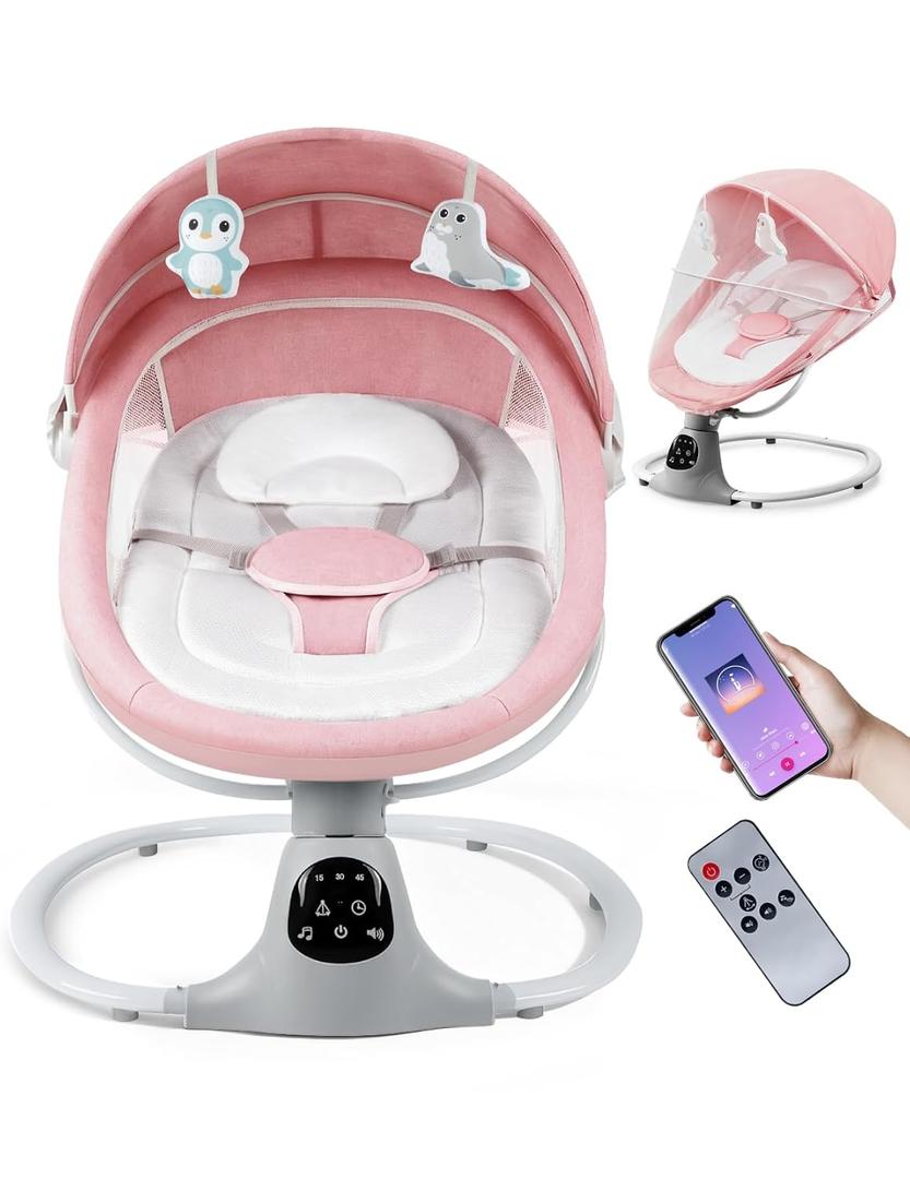 Electric Baby Swing for Infants to Toddler, Portable Swing Baby Rocker with 5 Point Harness, 5 Sway Speed, Bluetooth,12 Preset Lullabies with Remote Control, Infant Swing for Baby Boys & Girls, Pink