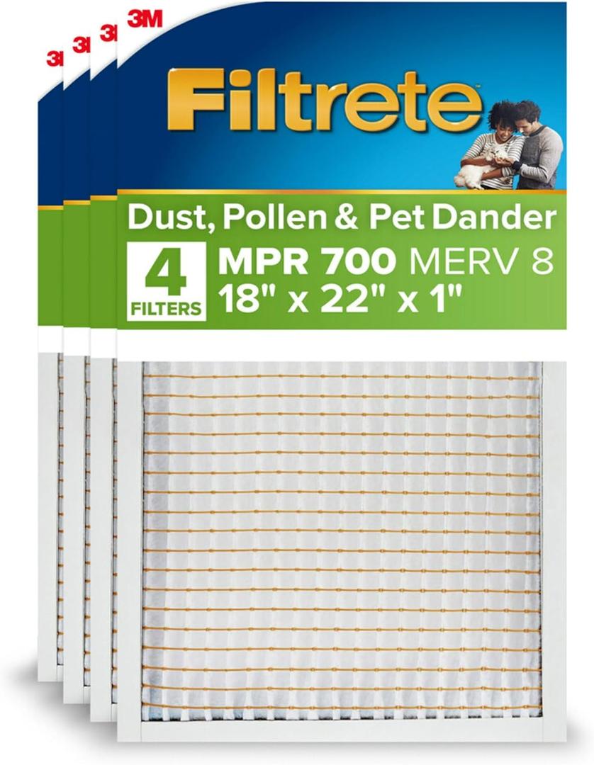 Filtrete 18x22x1 AC Furnace Air Filter, MPR 700, MERV 8, Tough on Pollen, Easy on Airflow, 3-Month Pleated 1-Inch Electrostatic Air Cleaning Filter, 4-Pack (Actual Size 17.69 x 21.69 x 0.81 in)
