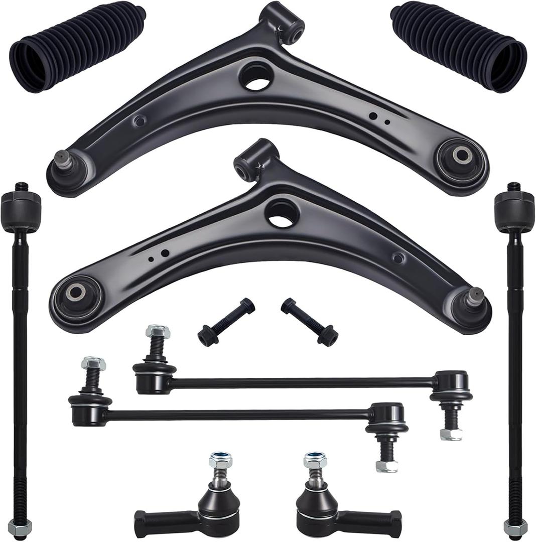 TUCAREST 10Pcs Suspension Kit Fit For Mi-tsubishi 08-17 Lancer, 07-20 Outlander, 2 Front Lower Control Arm w/Ball joint + 4 Outer Inner Tie Rod + 2 Sway Bar + 2 Boots [# K620548 K750385 EV800638]