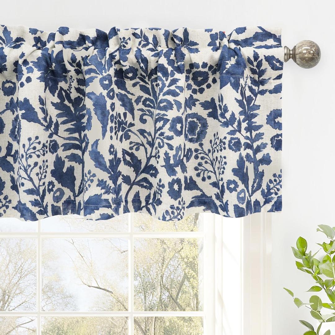 DriftAway Julia Watercolor Blooming Flower Floral Lined Thermal Insulated Window Curtain Valance Rod Pocket 52 Inch by 14 Inch Plus 1.75 Inch Header Linen Blend Navy 1 Pack