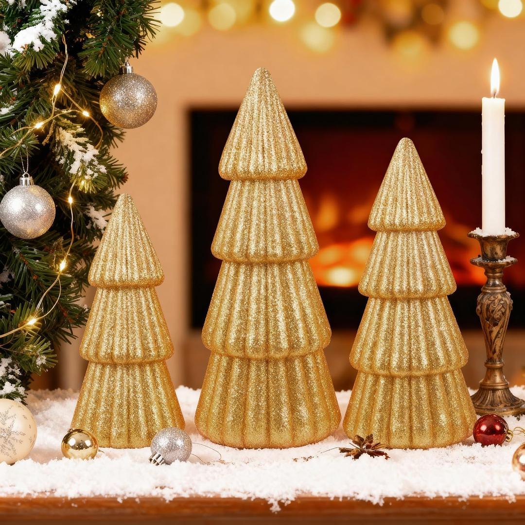 Artmag Set of 3 Christmas Tree Decorations Indoor, Glittering Modern Christmas Tree Decor Tabletop Entryway Table Mantel Centerpiece for Holiday Party (Gold)