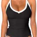 Danysu V Neck Racer Back Tank Top for Women Padded Ribbed Long Tank Fitted Basic Cami Tops (Medium, Color Block Black)