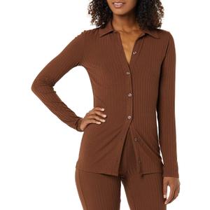 Amazon Essentials womens Wide Rib Long Sleeve Button-up Collared Cardigan (Pants Sold Separately) (XX-Large, Chocolate)