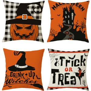 Happy Halloween Trick or Treat Throw Pillow Covers 18x18 Inch Set of 4 Witch Hat Pumpkins Bats Black Cat Cushion Covers Home Decor for Couch Cushion Cases