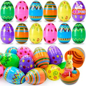 48 PCS 3" Plastic Printed Easter Eggs Fillable Easter Eggs Bright Colorful Empty Plastic Eggs Bulks Easter Hunt for Kids Teens Boys Girls Toddler Easter Basket Stuffers Party Favor