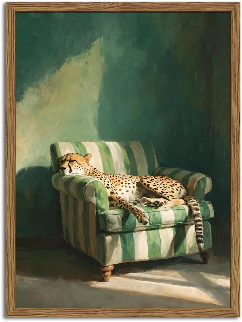 Framed Funny Leopard Canvas Wall Art, Vintage Sleeping Cheetah on Sofa Pictures Wall Decor, Eclectic Animal Paintings Canvas Prints Whimsical Home Decor for Living Room Bedroom 12x16 inch