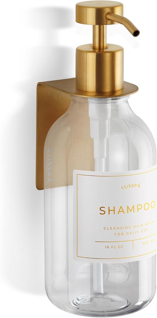 Shower Shampoo Dispenser Wall Mounted Refillable 16.9 oz Clear Bottle with Stainless Steel Pump & No-Drill Adhesive Holder Soap Dispenser for Bathroom (1 X Clear/Gold)