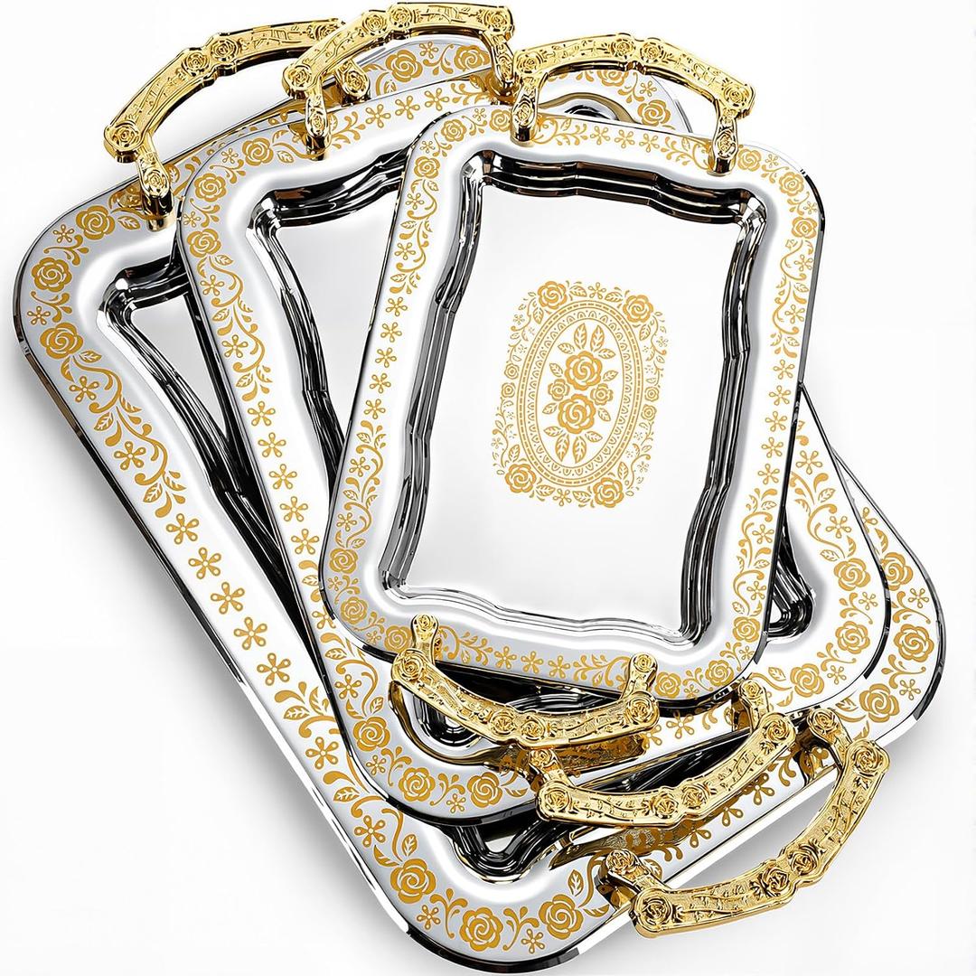 3 Pack Metal Serving Trays with Handles, Decorative Floral Platter Trays for Coffee Tea, Food, Dessert, Jewelry, for Buffet Wedding Party Kitchen Home Decor(Elegant,Silver, Gold)