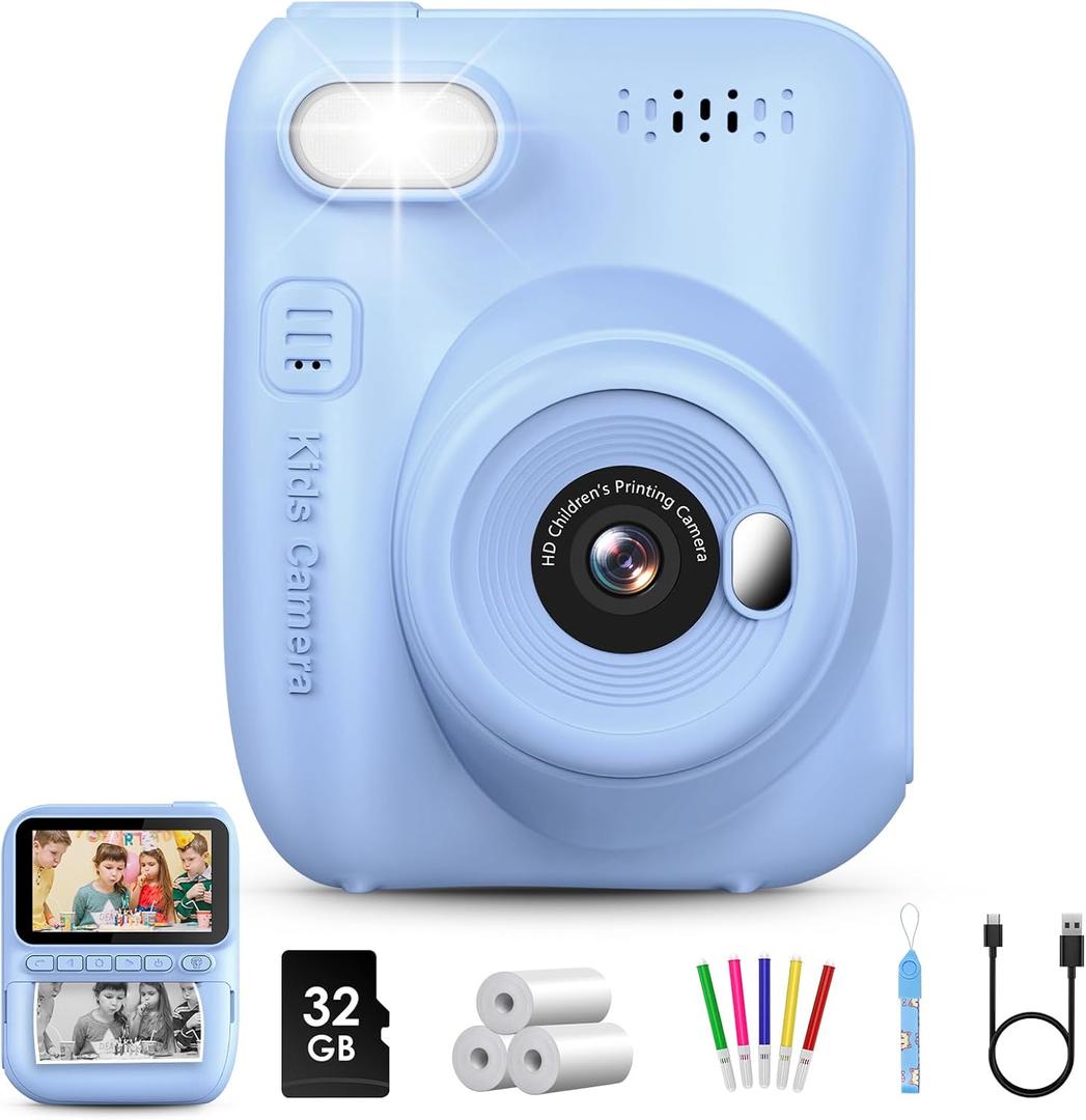 Kids Instant Print Camera, 3.0-inch HD Screen 32MP Photo Instant Digital Camera Christmas Birthday Gifts Toys for Children Girls Boys Age 3-12 - Blue