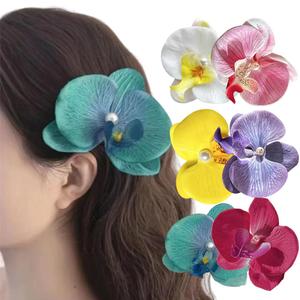 Orchid Flower Hair Clips, Bohemian Butterfly Orchid Hairpin Hair Barrettes, Hawaii Boho Hairclip for Women Girls Bridal Hair Accessories, Seaside Holiday Bobby Headwear (White Pink Yellow Combine)