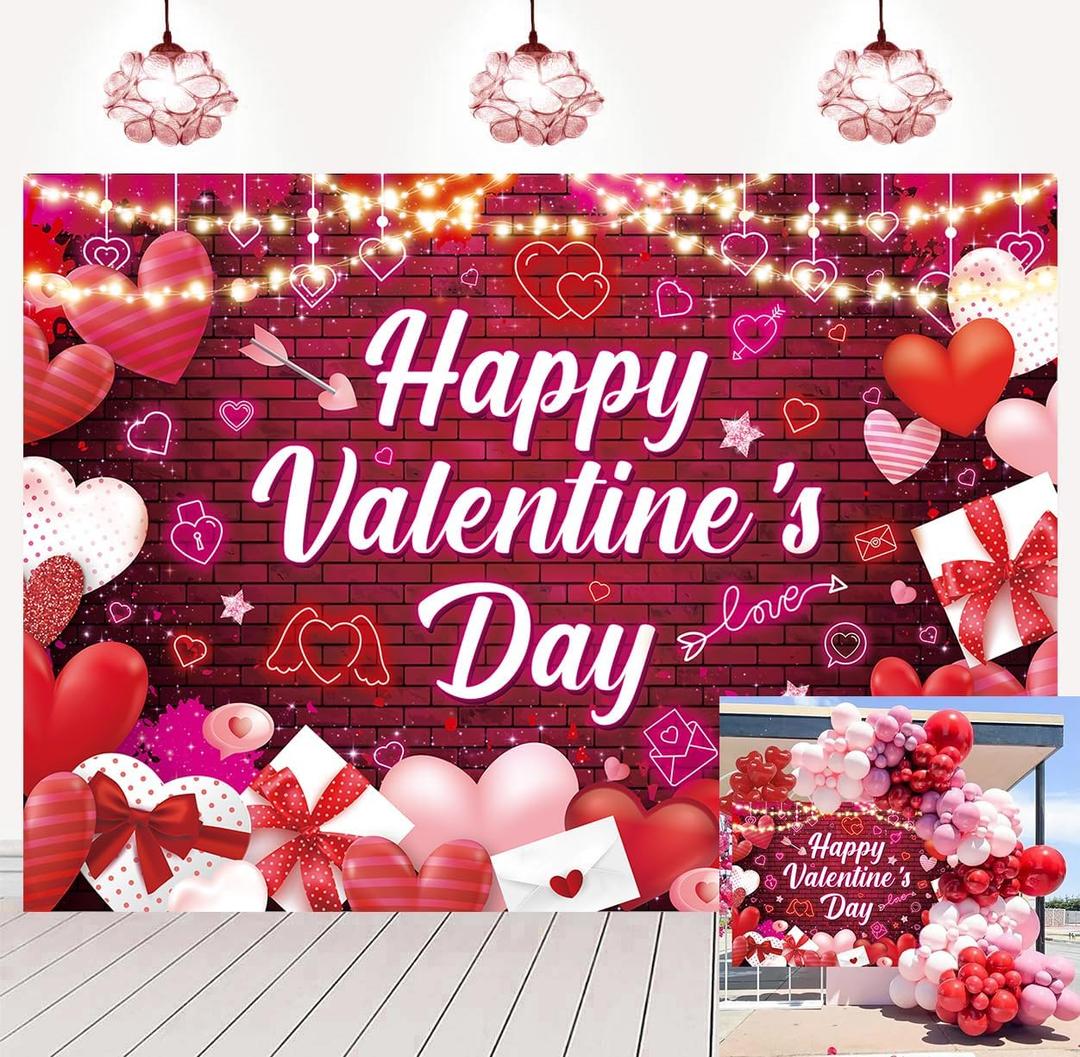 Happy Valentine's Day Backdrop Red Love Heart Glitter Glow Brick Wall Photography Background Valentines Day Wedding Anniversary Party Decorations Banner Photo Booth Props (7x5FT)