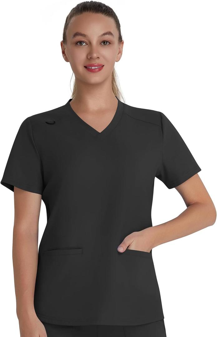QBK Scrub Top for Women Soft Stretch V-Neck Scrubs with 2 Inset Slip Pockets and a Curved Hemline, Easy Care, XL