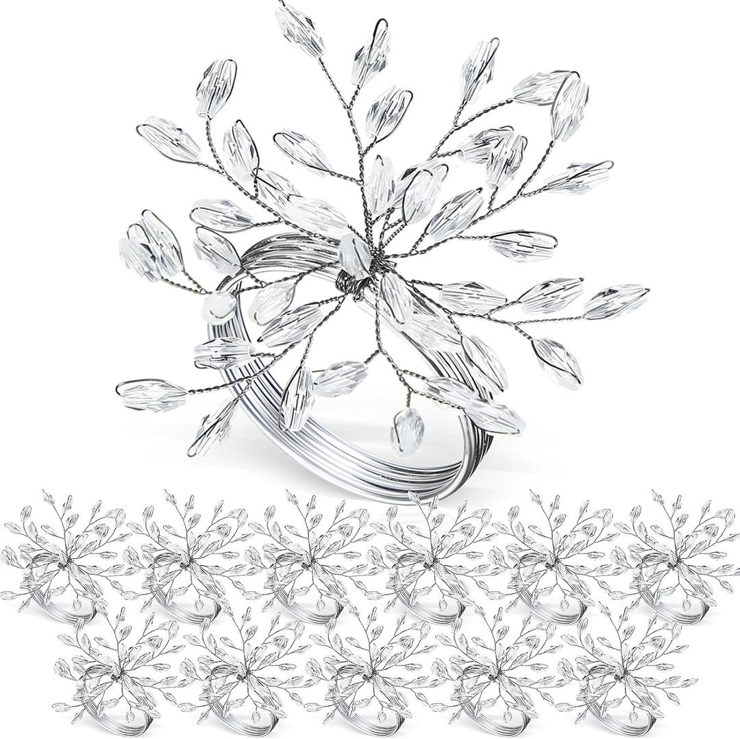 WILLBOND Christmas Handmade Crystal Leaf Napkin Rings Set of 18 Rhinestone Gold Napkin Rings Silver Napkin Rings for Dinner Parties Weddings Thanksgiving Everyday Use(12 Pieces, Silver)