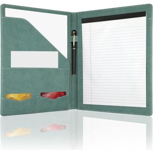 MOWPOG Professional Padfolio Portfolio Binder, Faux Leather Interview Resume Folder, Letter Size A4 Legal Writing Pad Holder, Document Organizer for Business School Office Conference (Green)