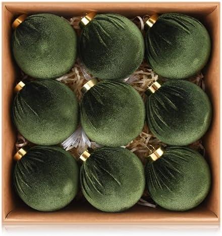 Velvet Ornaments for Christmas Tree Decorations - Moss Green Xmas Ball Ornament for Indoor Holiday Decor - Shatterproof Christmas Bulbs Ornaments 80mm 3.15inch - Pack of 9