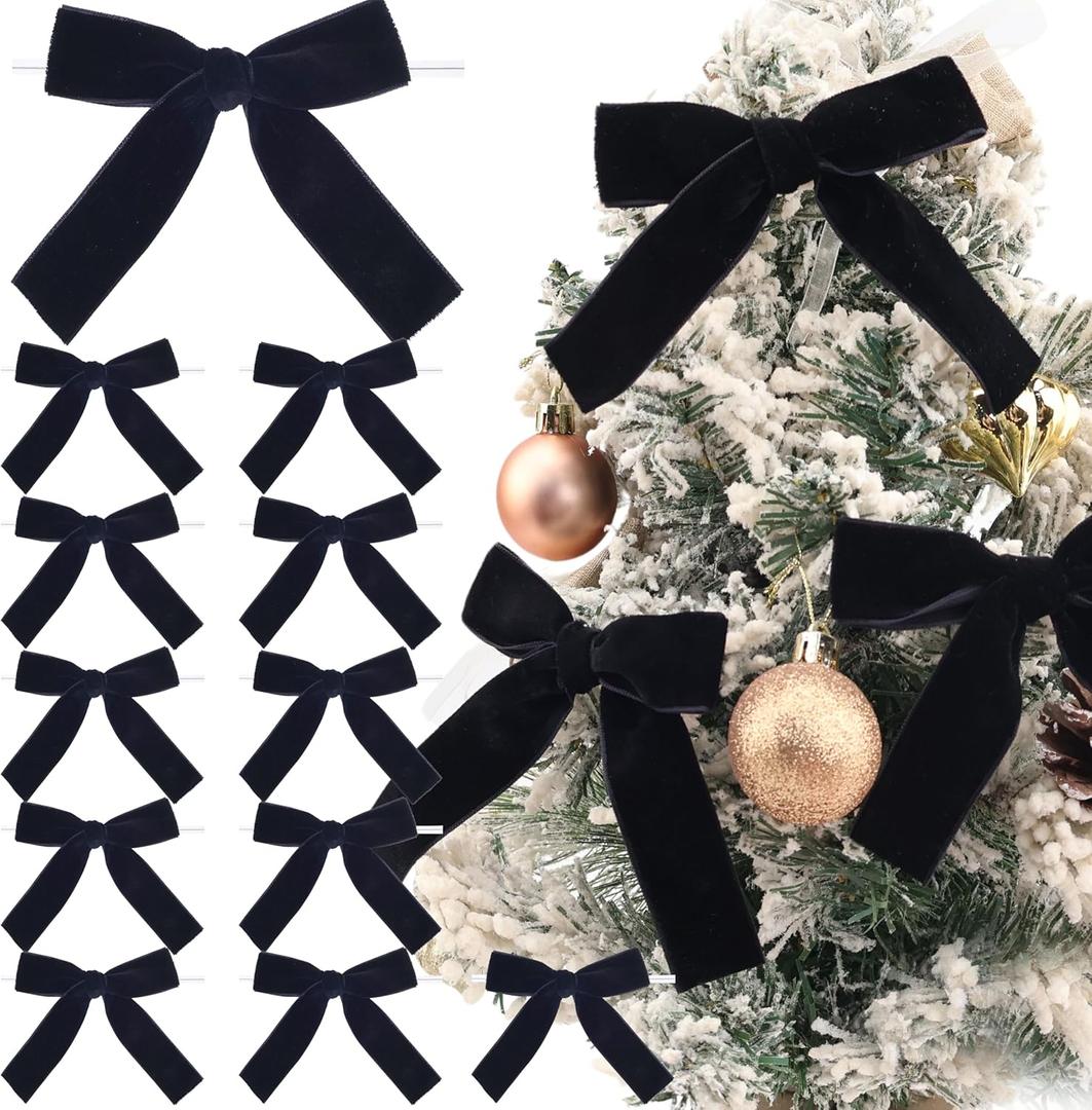 Velvet Bows Christmas Bows Twist Tie Bows 12 PCS Premade Bows for Christmas Tree, Wreaths, Gift Basket, Spring Decor, Gift Wrapping, Swag, Wedding (Black)