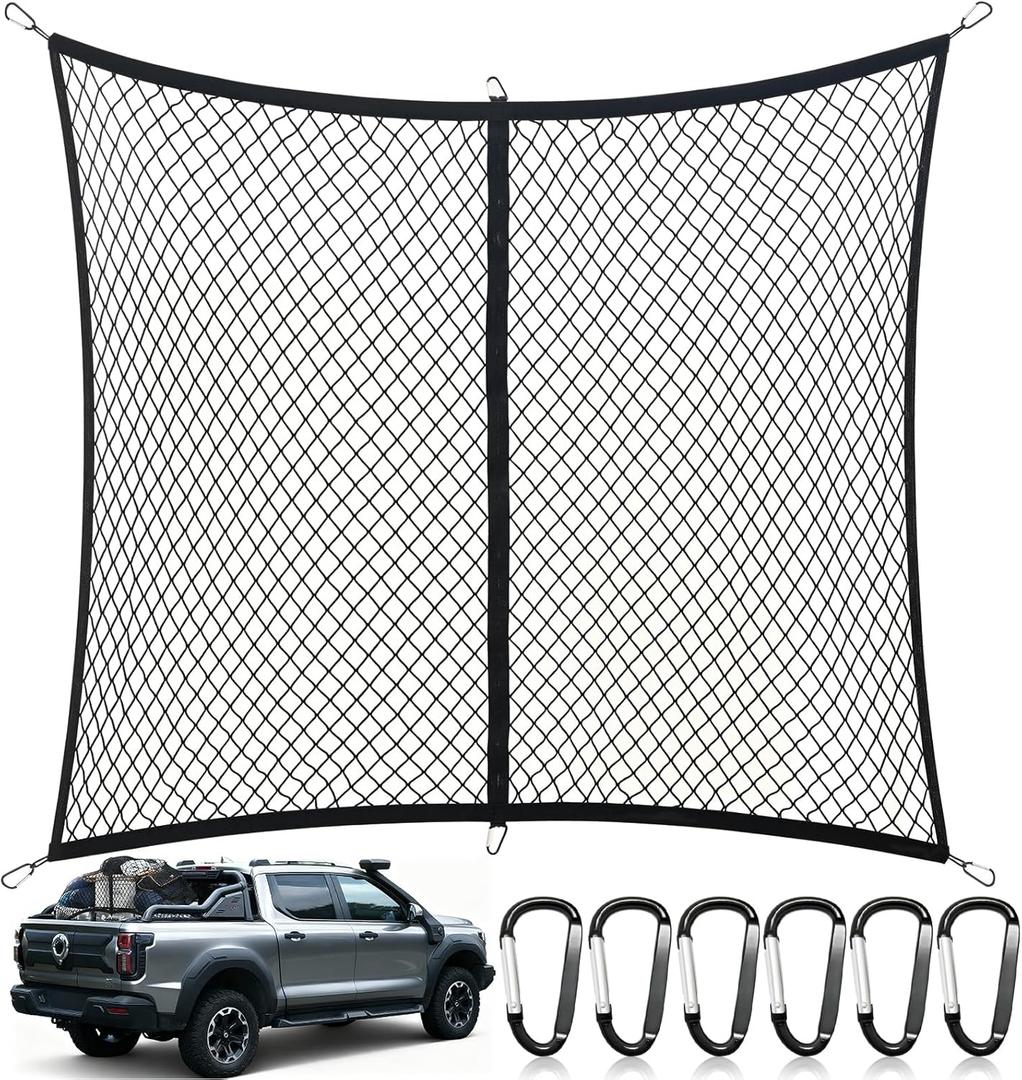 Cargo Net for Pickup Truck Bed, Highly Elastic Truck Bed Net, Suitable for Daily Light Loads of Trucks, 4'x4' Stretches to 7'x7', with 6 Metal Carabiners