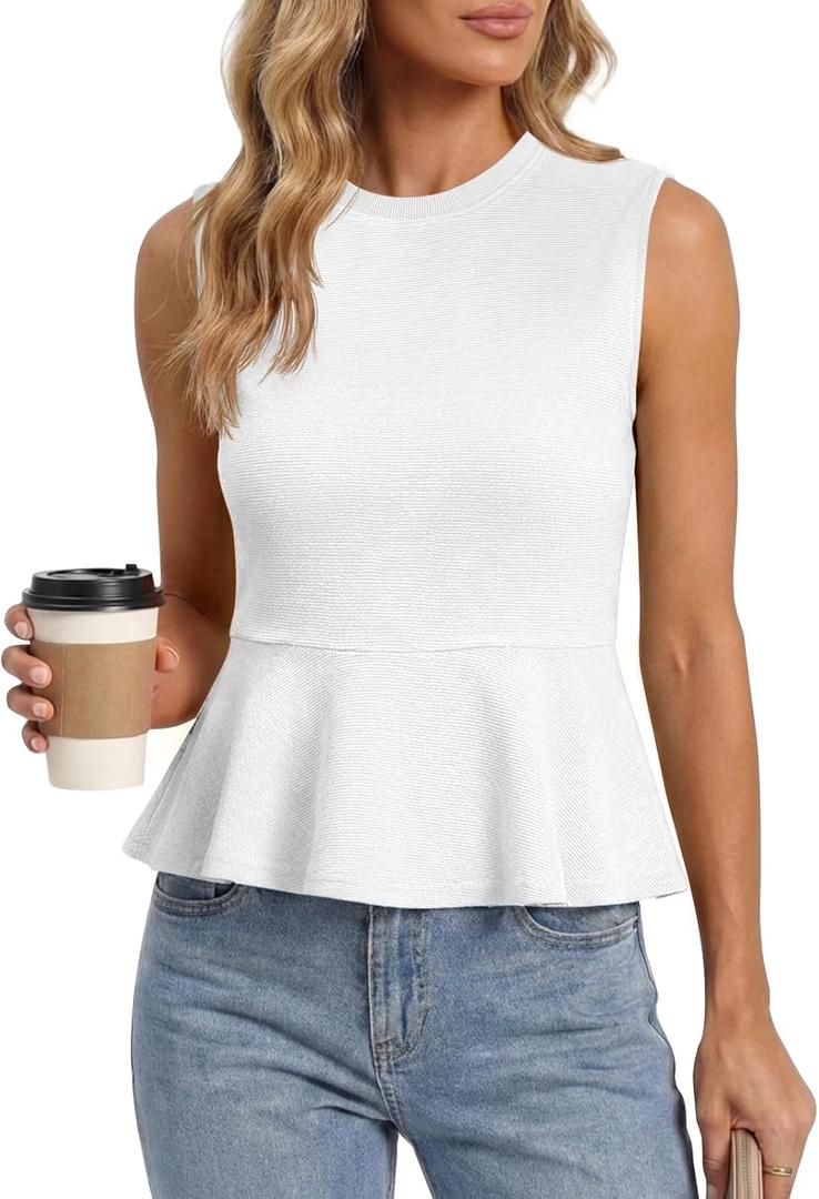 Tankaneo Womens Summer Tank Tops Sleeveless Ribbed Knit Babydoll Peplum Tops Work Business Casual Shirts Blouses (White, S)