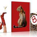3Pcs Trendy Leopard Wall Art Preppy Funky Red Boot Martini 8 Ball Wall Decor Pictures Vintage Feminism Aesthetic Cheetah Canvas Poster Prints for Girly Bedroom Apartment Dorm Decoration 16X24