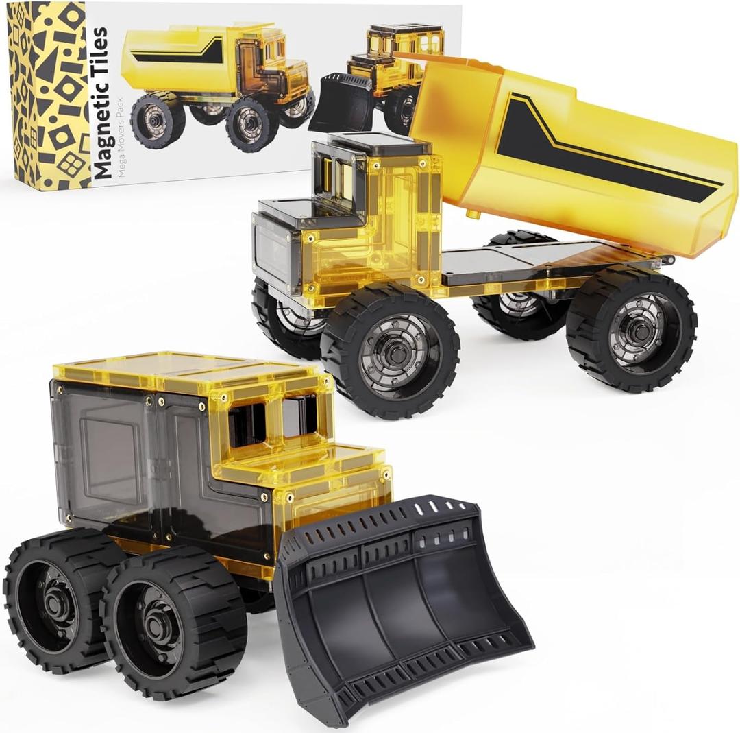Learn & Grow Mega Movers - Jumbo Magnetic Tiles Construction Trucks X2 Dump Truck & Bulldozer Vehicles, Moveable Wheels - Durable STEM Toy, Kids Ages 3+, Compatible with Other Tiles - Limited Edition