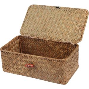 Moosky Wicker Shelf Baskets with Lid,Handwoven Seagrass Basket for Storage Basket Bins Rectangular Home Organizer Gift Boxes (Natural Small)