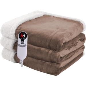 Minervada Heated Blanket Electric Throw 50''x60'', 1-10 Hour Auto Shut-Off 9 Heating Levels Small Warm Soft Flannel Electric Blanket Machine Washable - Brown