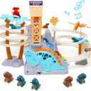 Dinosaur Chasing Track Playset with Music - Double Loop Slide, Climb Stairs & Roller Coaster, Educational Toddler Toy for Parent-Kid Play, Gift for 3+ Boys Girls (Green) (Blue)